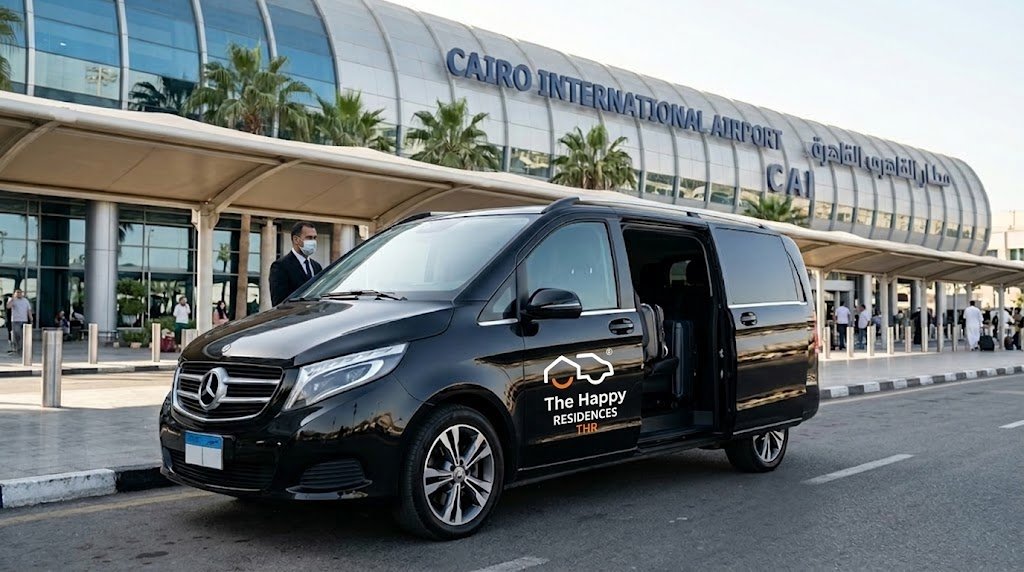 Black Mercedes private transfer van with The Happy Rentals logo parked outside Cairo International Airport